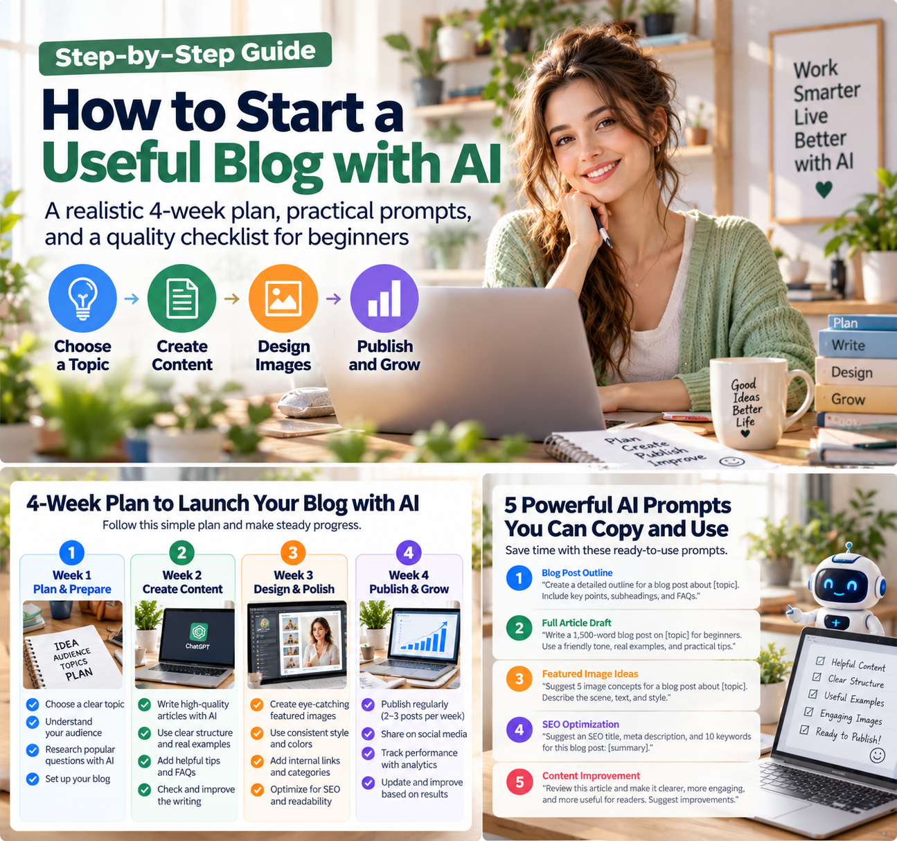 Illustrated example of an AI-assisted blogging workflow with stages for preparing, creating, designing, publishing, and reviewing.