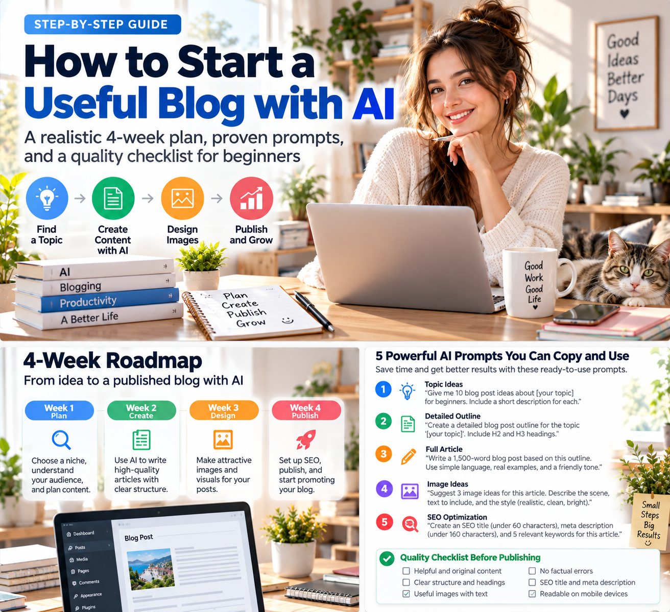 Illustrated four-week blog workflow alongside prompt ideas and a checklist for improving content before publishing.