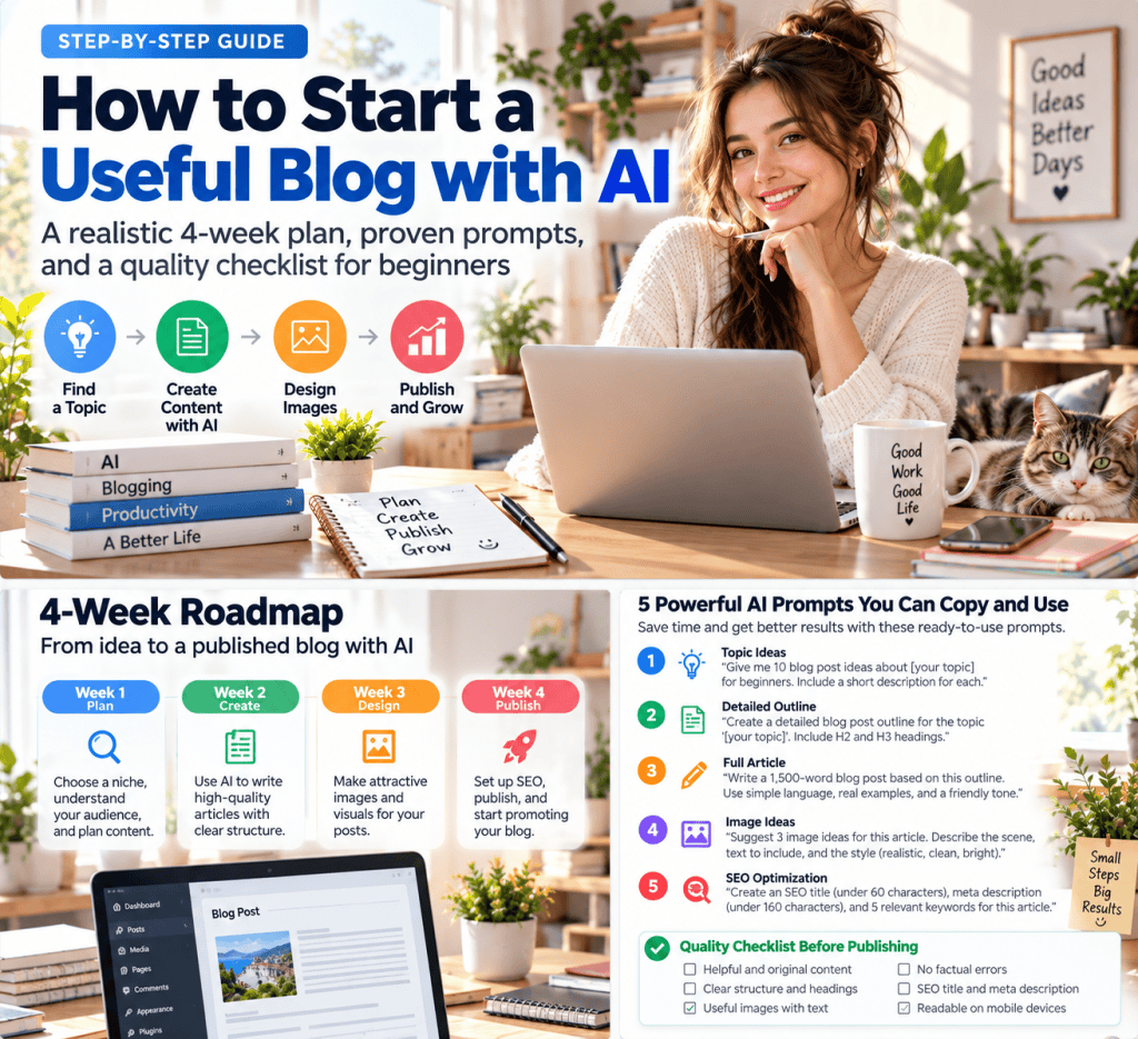 Illustrated guide to launching a useful AI-assisted blog, with four-stage process, four-week roadmap, and editorial checklist.