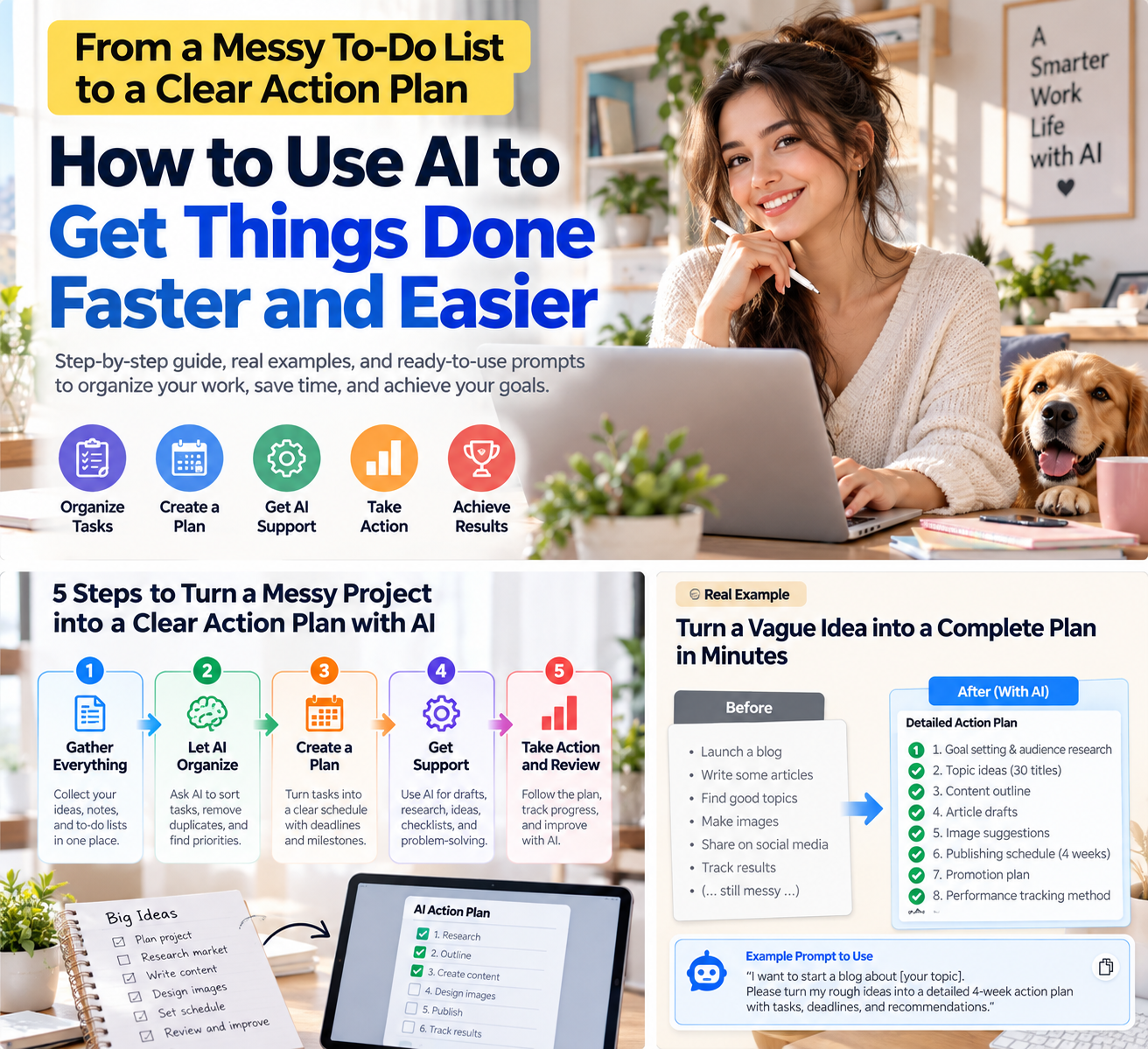 Five-step infographic illustrating how AI can turn scattered ideas into a structured action plan, including a hypothetical blog launch example.
