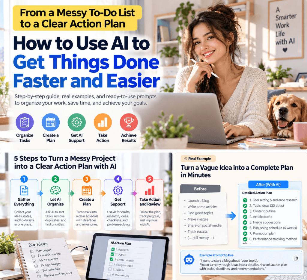 Five practical steps for turning a messy project into an actionable plan using AI, with a before-and-after blog-launch example.