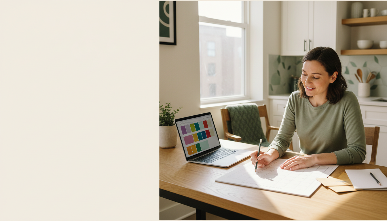 Woman organizing household bills and a paper calendar with an AI assistant at a bright table.