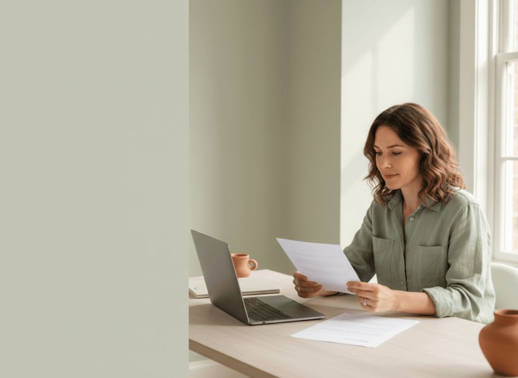 A job applicant reviews a cover letter draft beside a laptop and notes in a bright home office.