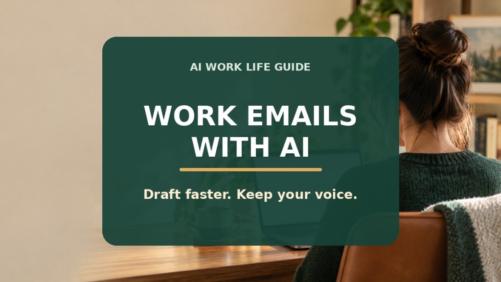 A professional at a laptop beside a centered title reading Work Emails with AI and Draft faster. Keep your voice.