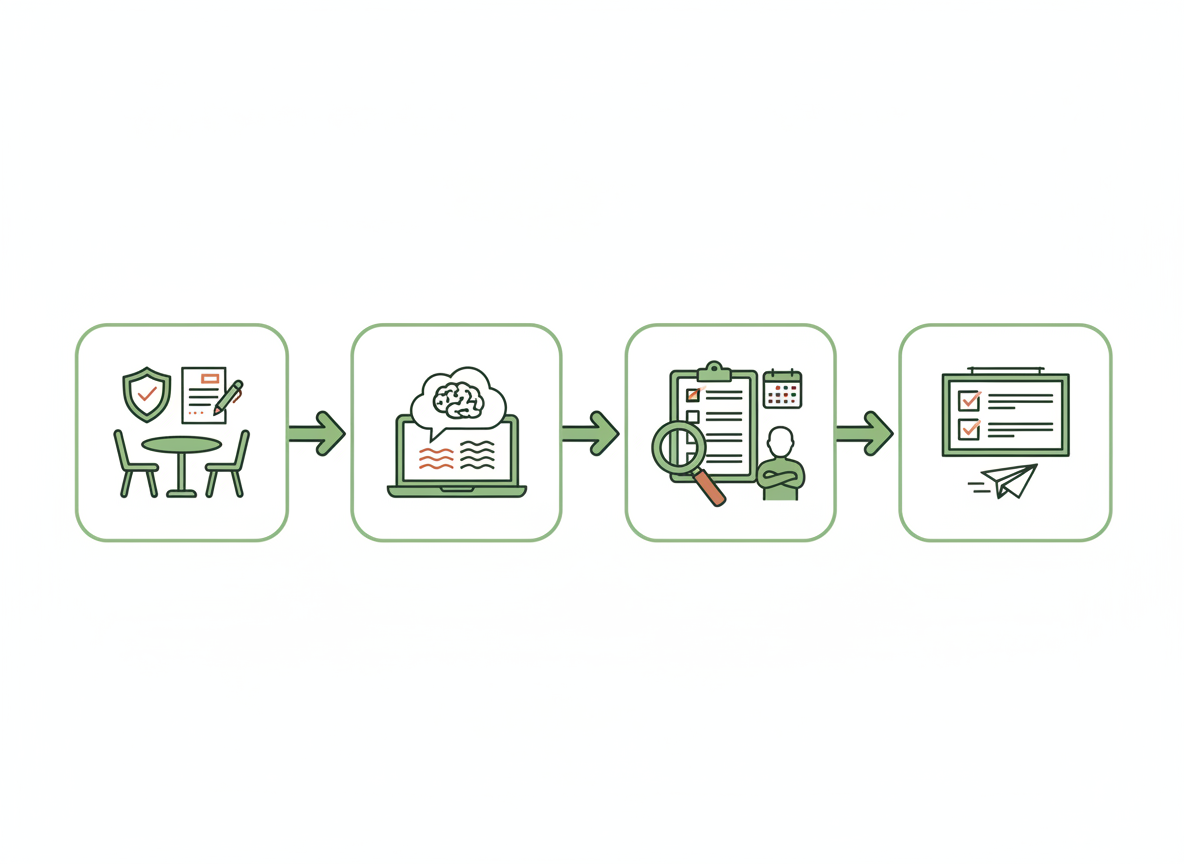 Four illustrated stages show taking permitted notes, creating an AI draft, verifying decisions and action owners, and distributing a reviewed tracker.