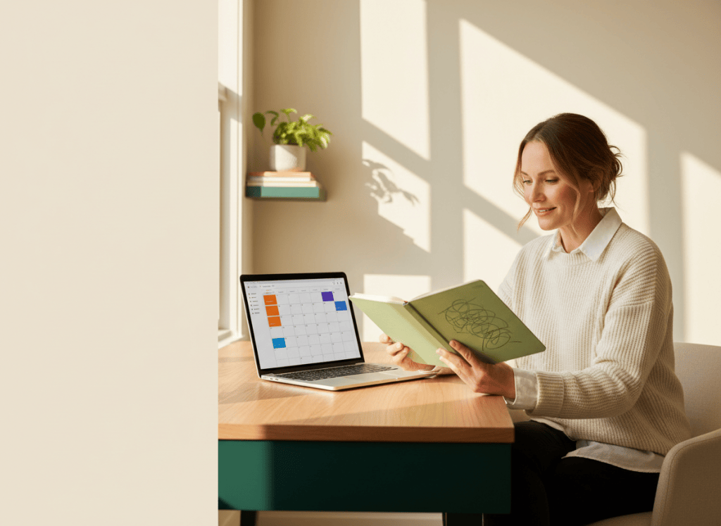 Professional at a bright workspace reviewing meeting notes, a laptop and a calendar before assigning follow-up work.