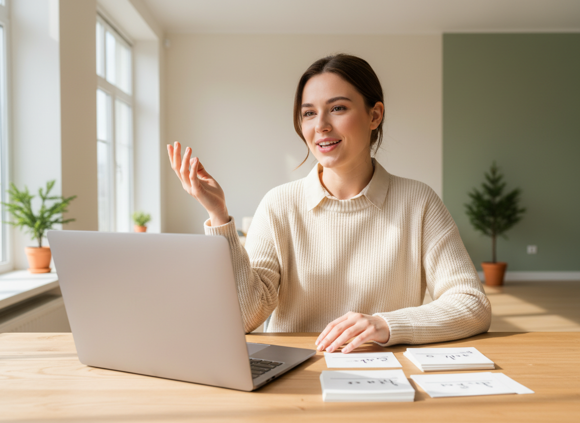 A candidate practicing aloud while checking their own experience notes beside a laptop.