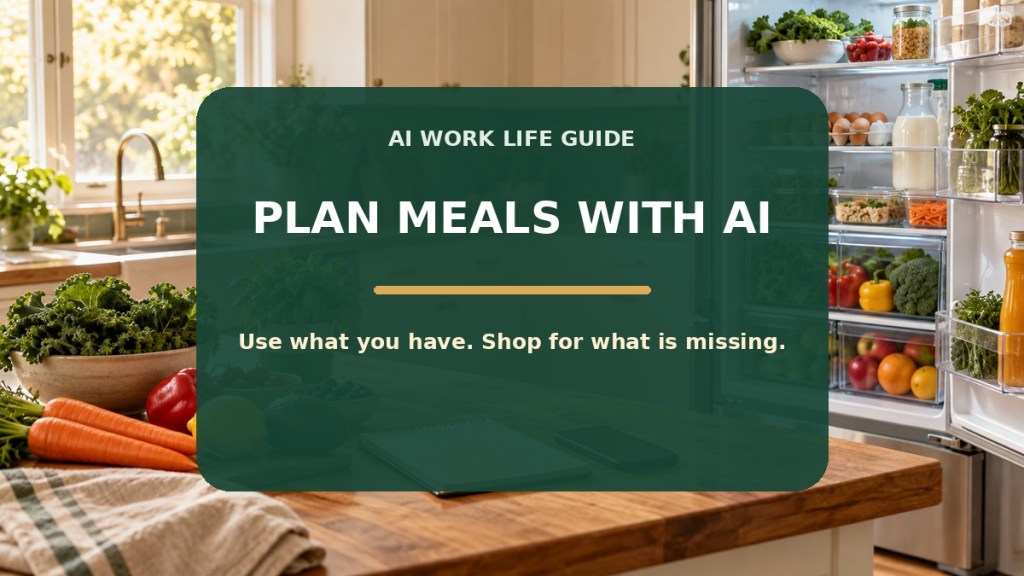 Open refrigerator and kitchen ingredients beside a title reading Plan Meals with AI; use what you have and shop for what is missing.