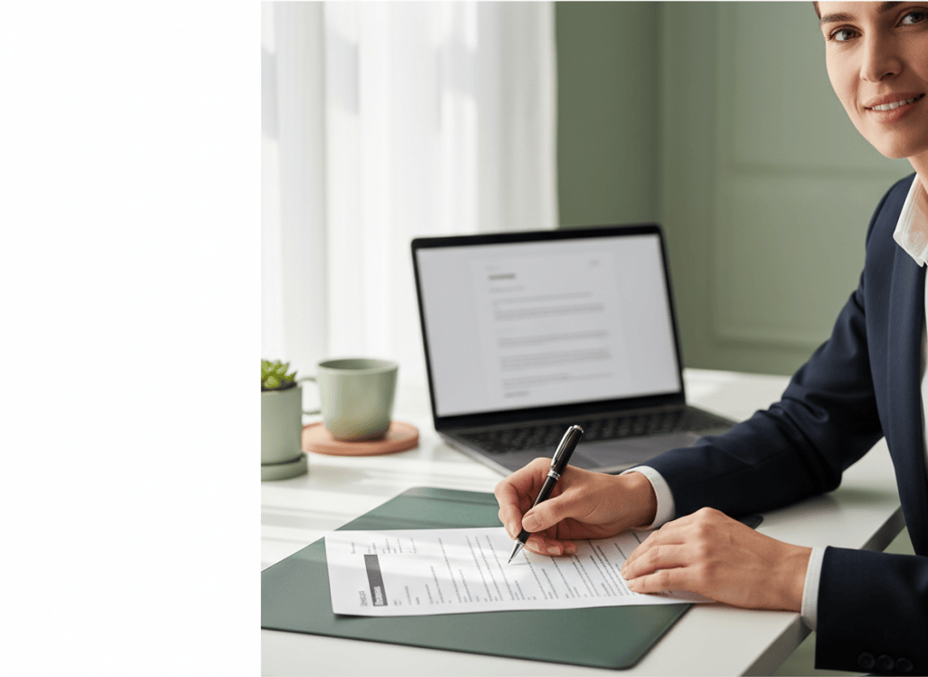 An adult job seeker revising a résumé at a bright desk with a laptop and paper draft.