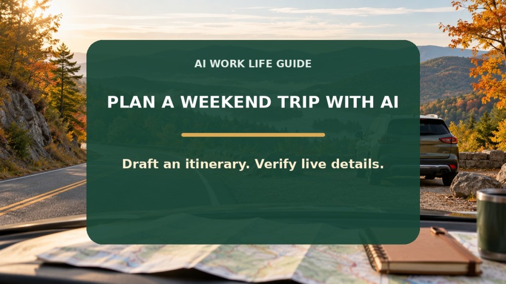 Autumn road-trip scene with a car at a scenic overlook and a title: Plan a Weekend Trip with AI. Draft an itinerary. Verify live details.