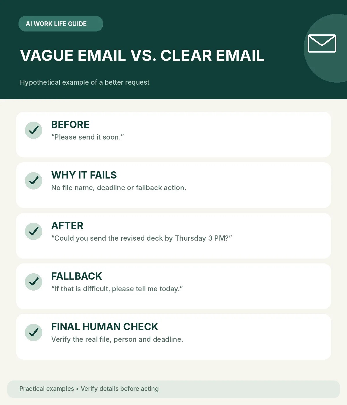 Example comparing a vague email request with a clear, verified, actionable request.
