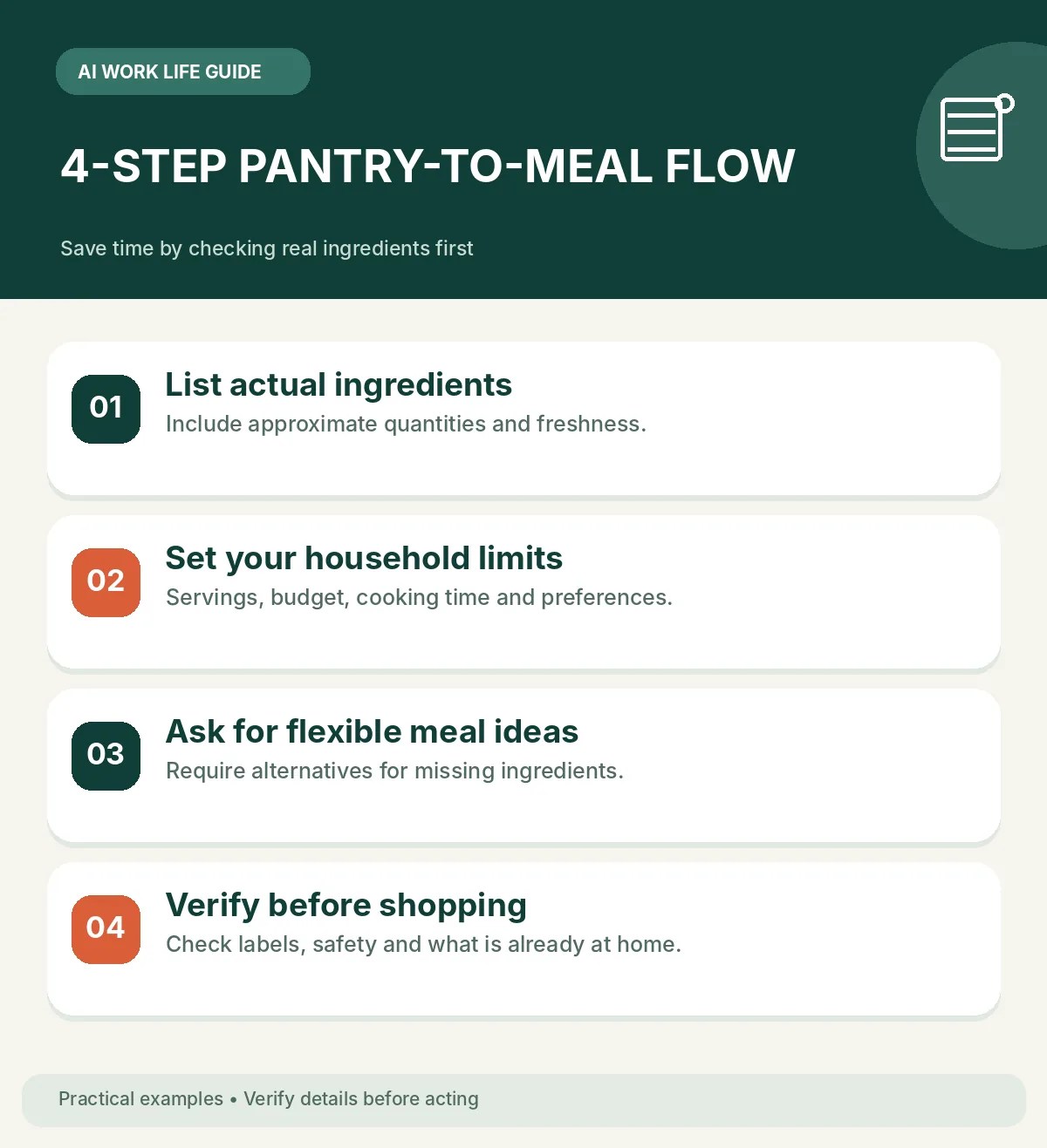 Four-stage illustrated workflow for AI meal planning from actual pantry ingredients.