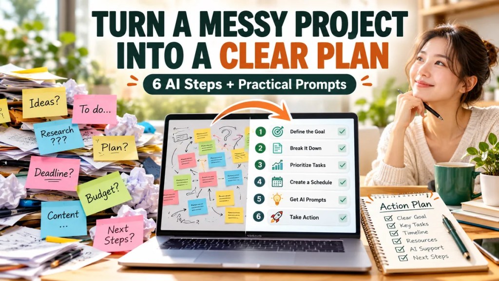 Bright cover explaining how to turn a messy project into a clear AI-assisted action plan.