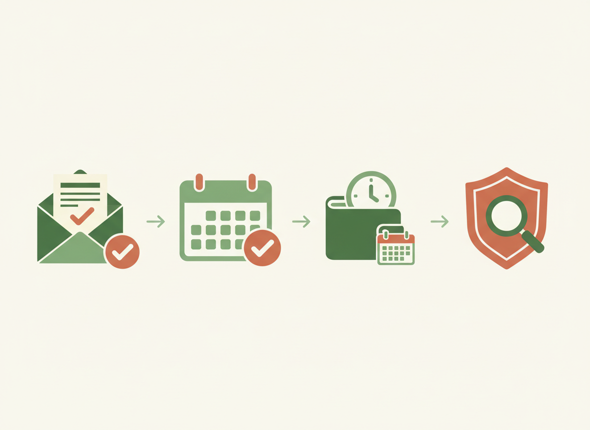 Four-panel diagram of reviewing a bill, checking due dates, matching income timing, and verifying payment.