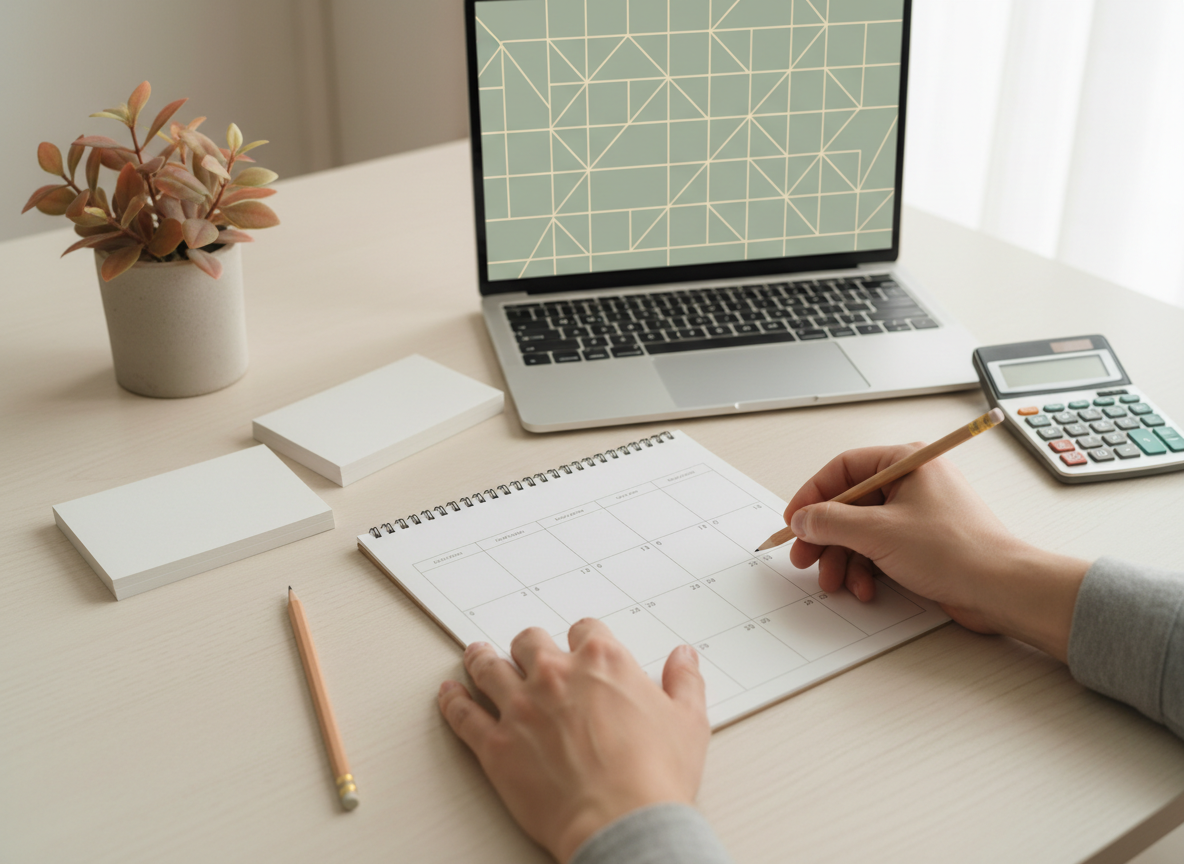 Hands recording fictional household bill dates beside a calendar, calculator and laptop.