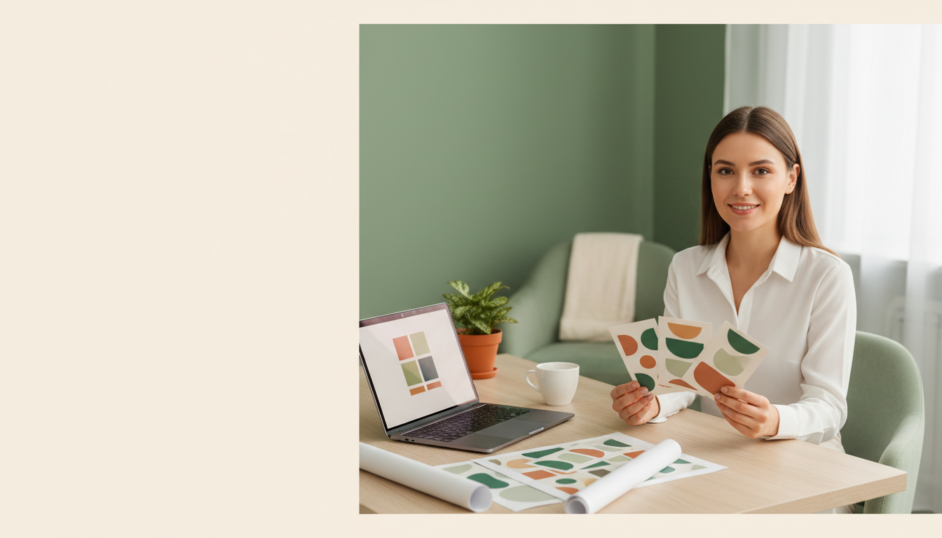 Freelancer reviewing original work sample pages on a bright studio desk.