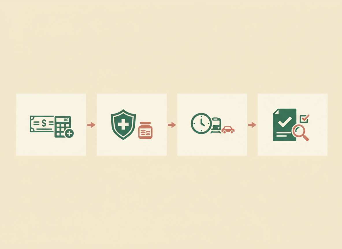 Four-panel instructional visual representing salary, health and retirement benefits, commute time, and written offer verification.