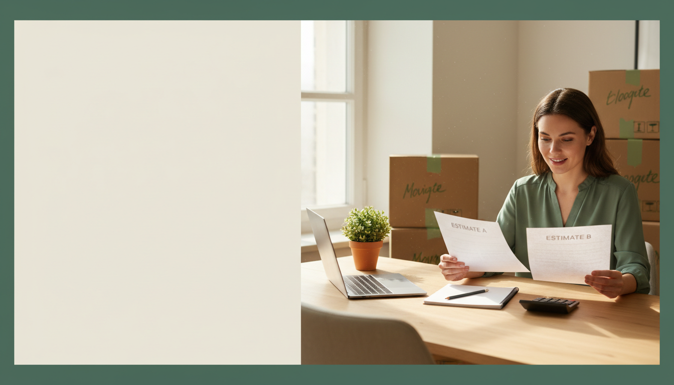 Woman comparing written interstate-moving estimates at a sunlit desk with boxes.