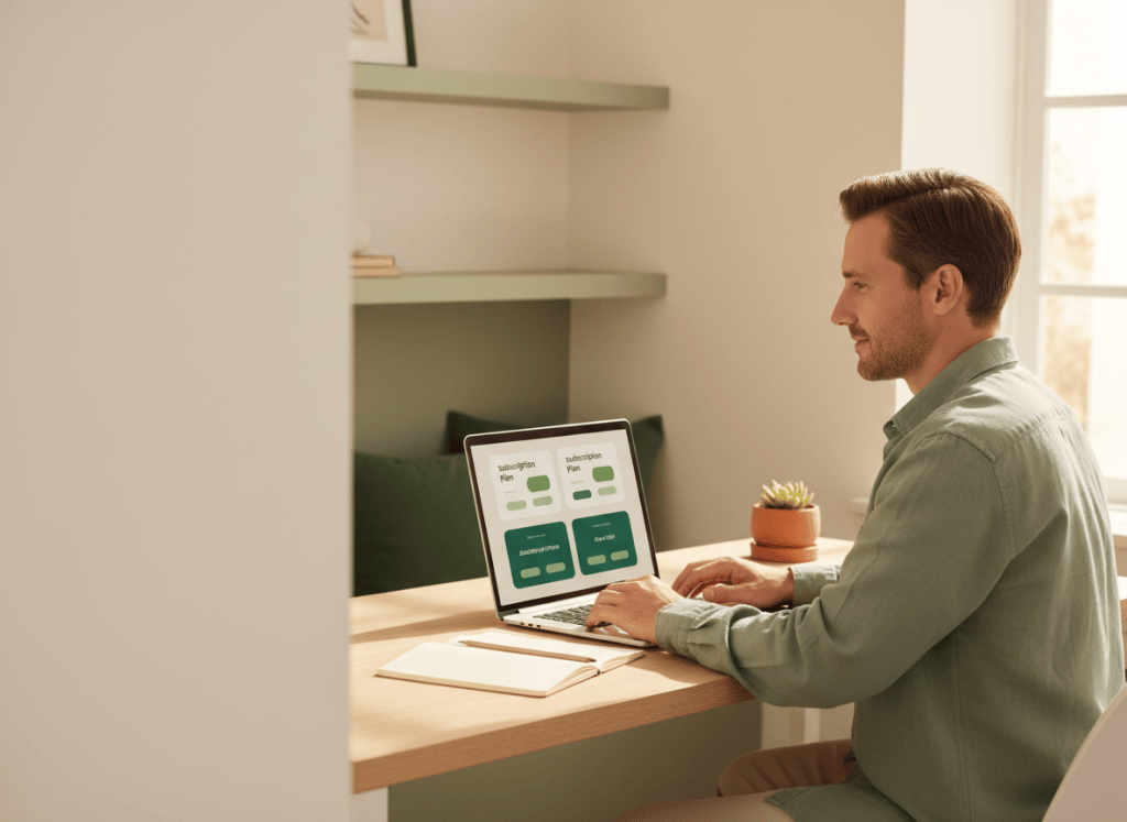 Professional comparing two software subscription plans on a laptop with a notebook in a bright workspace.