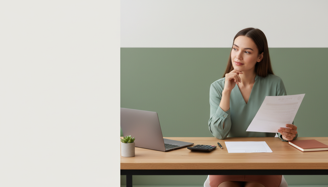 Professional comparing two fictional written job offers with a notebook and calculator.