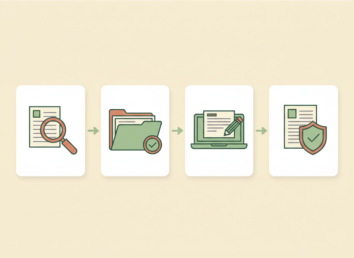 Four-part visual sequence: inspect job posting, gather verified experience, draft a letter, and human-check facts.
