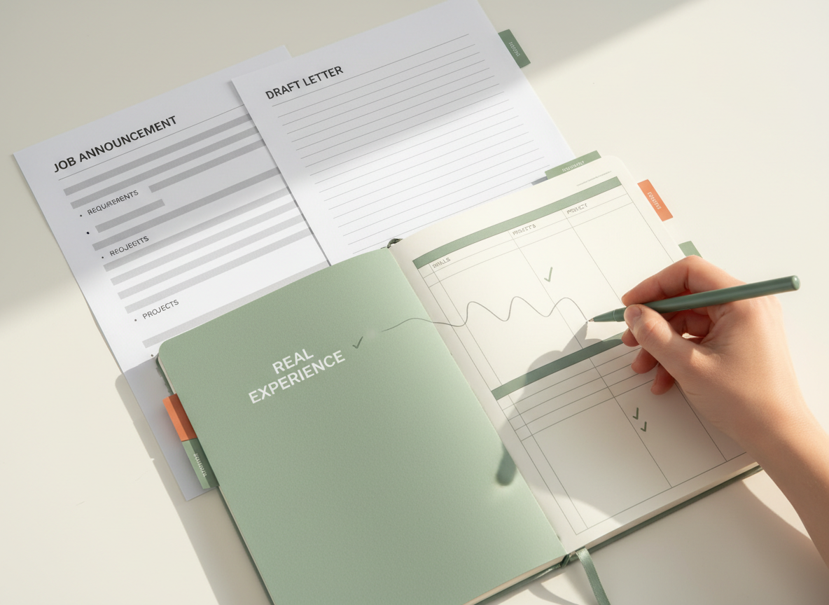 A job applicant comparing a draft cover letter with the official job posting and notes about true experience.