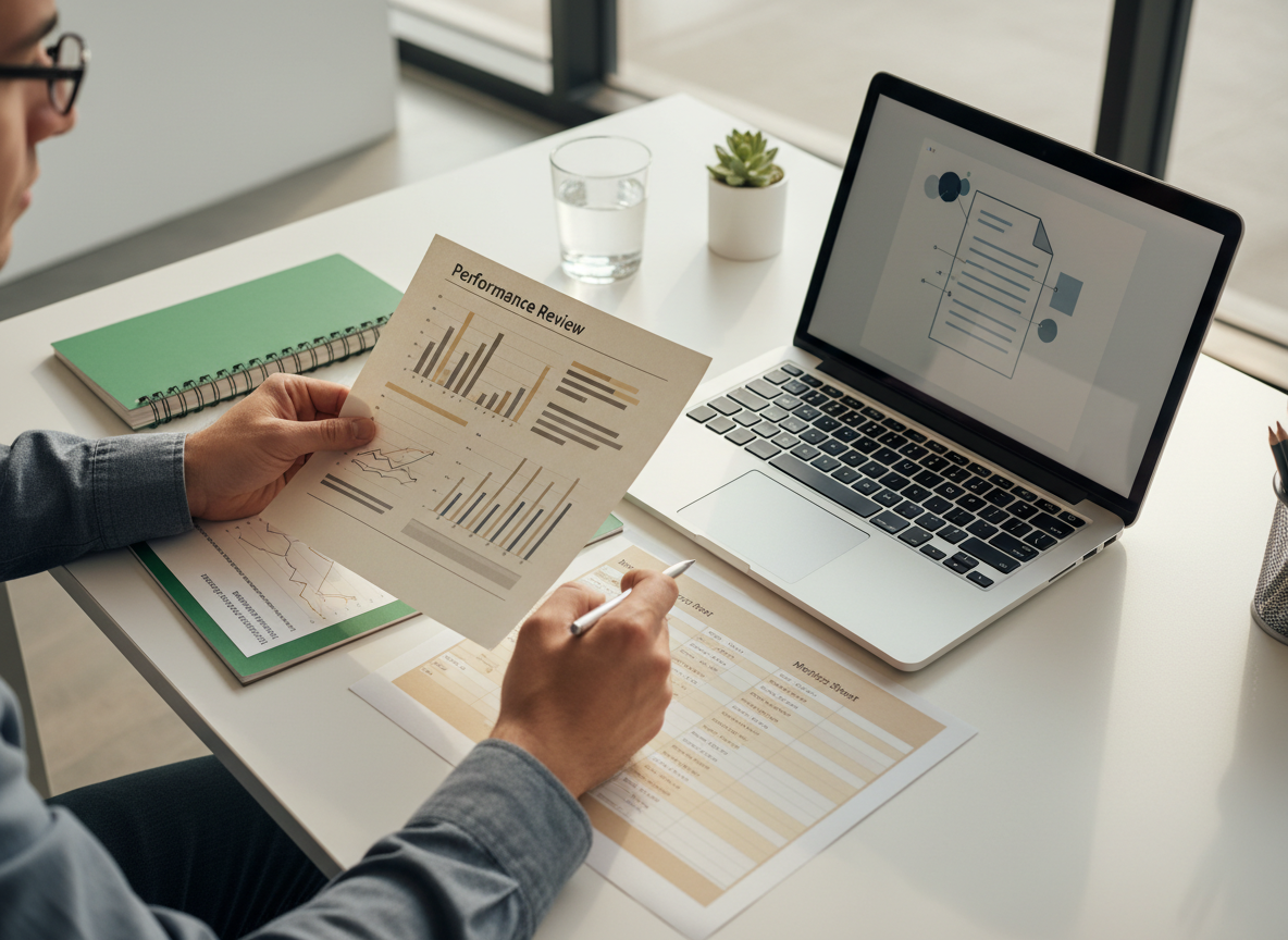 A professional comparing a goal sheet and a weekly project record with a draft performance self-review.
