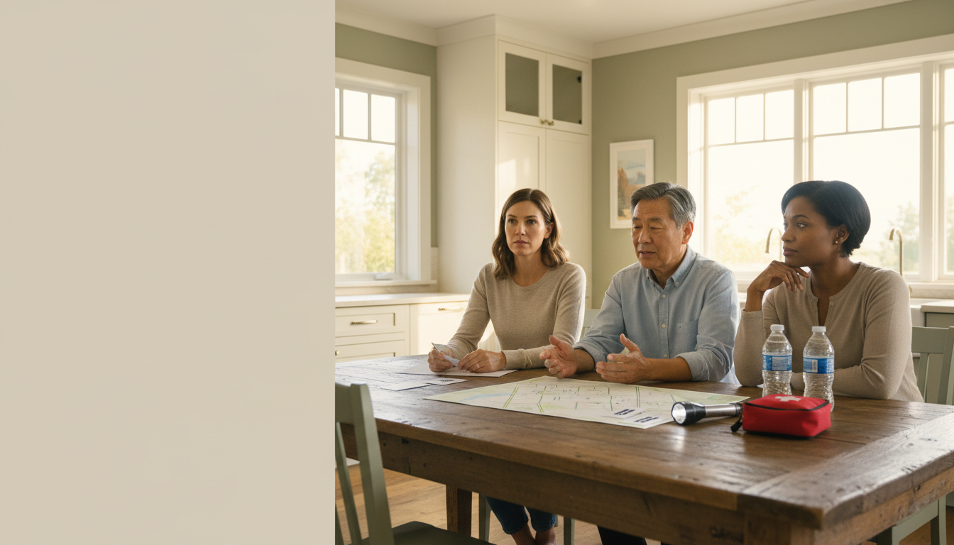 Household members calmly reviewing an emergency map, cards, and basic supplies at a kitchen table.