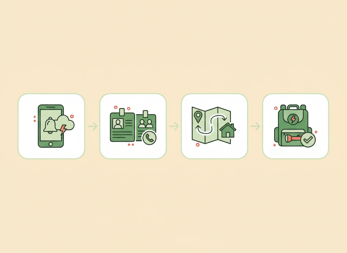 Four-panel visual showing alerts, communication contacts, routes, and a household emergency bag.