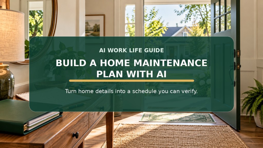 Home maintenance planner beside a front door, with the headline “Build a home maintenance plan with AI” and subtitle “Turn home details into a schedule you can verify.”