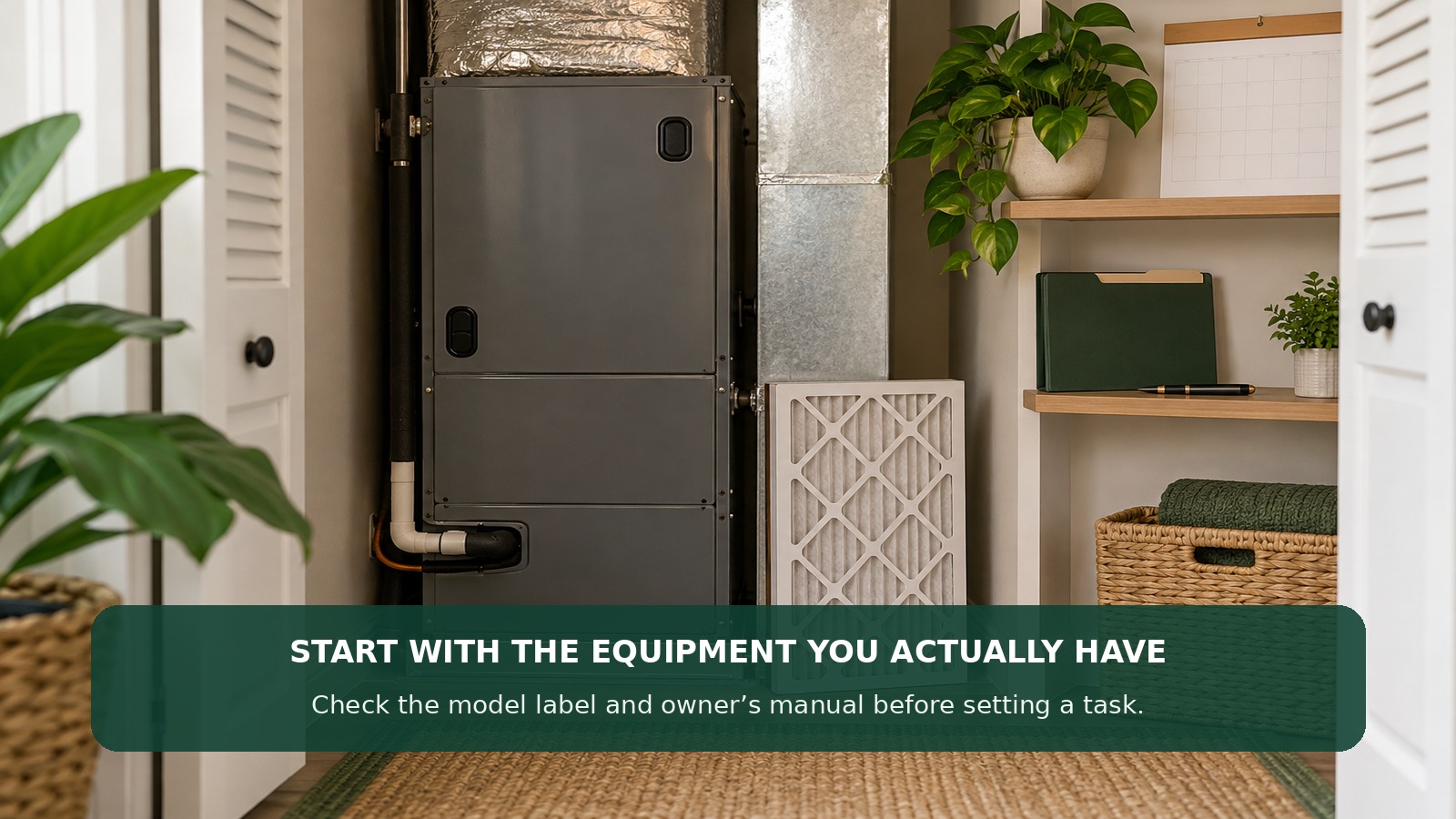 A clean home HVAC unit, replacement filter, blank maintenance calendar, and owner’s manual folder; overlay text says to check equipment details and the manual before scheduling work.