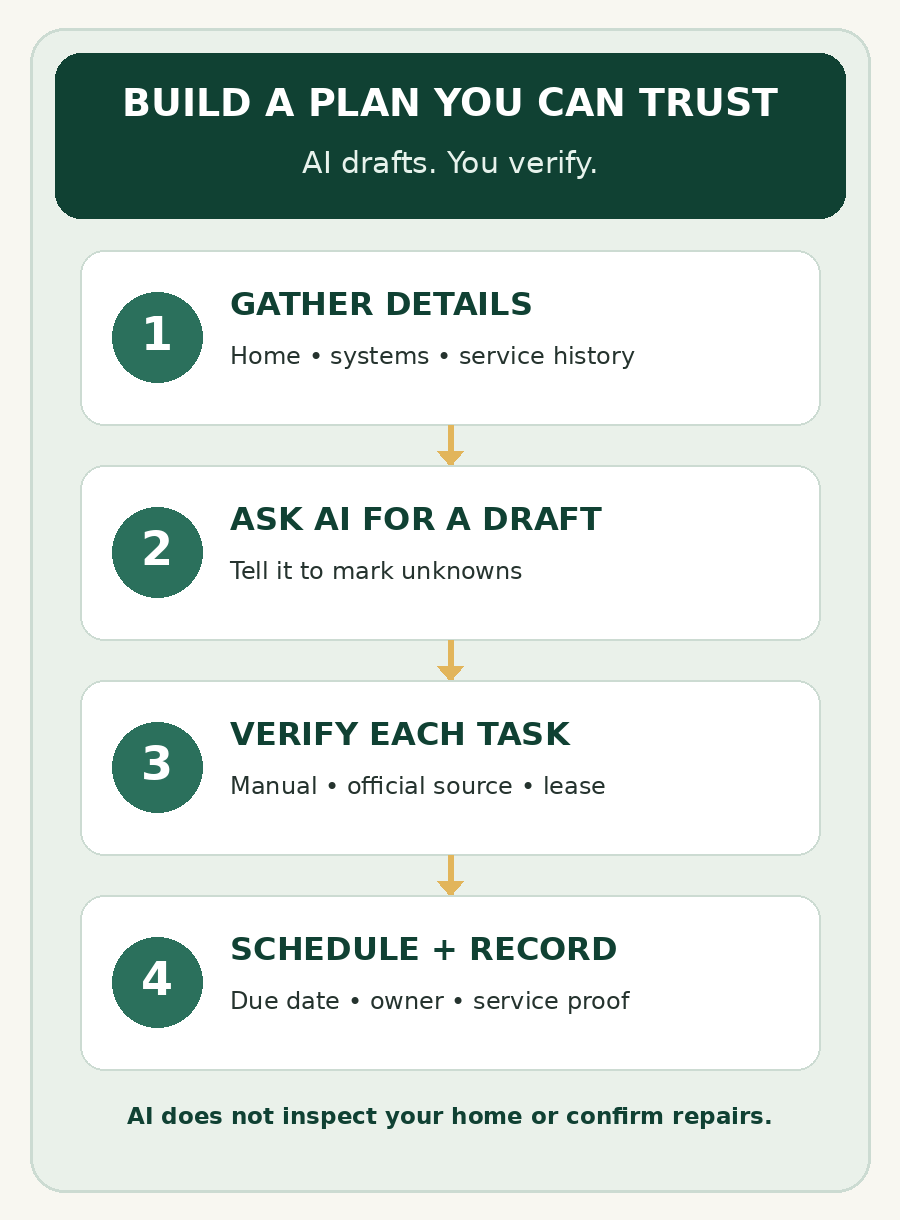 Four-step home maintenance workflow: gather home, systems, and service history; ask AI for a draft that marks unknowns; verify each task with the manual, an official source, or the lease; then schedule it and record due date, responsible person, and service proof. Footer says AI does not inspect the home or confirm repairs.
