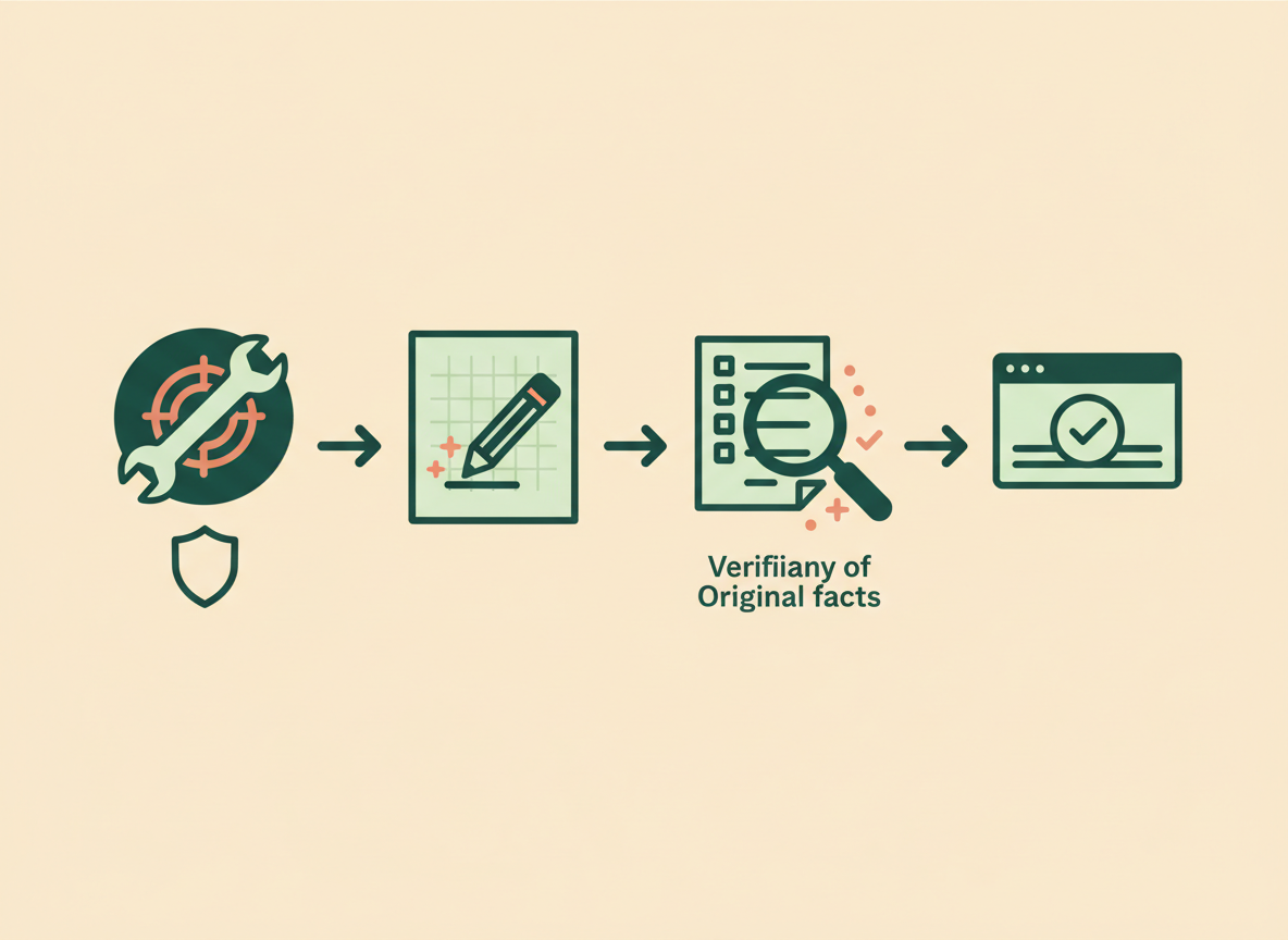Four icons illustrating selecting a service, making a sample, verifying claims, and publishing an honest portfolio.