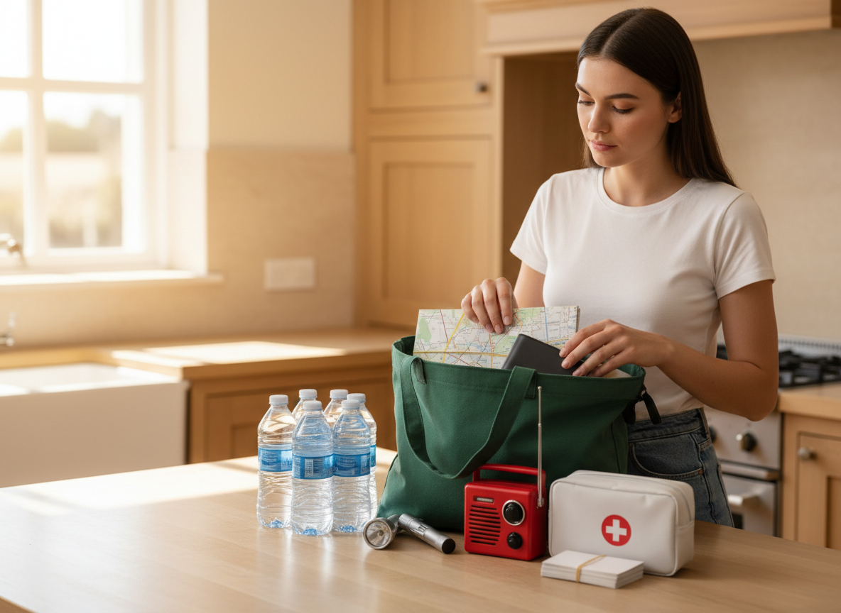 Household member checking a radio, flashlight, water, charger, and blank contact cards in a bright kitchen.