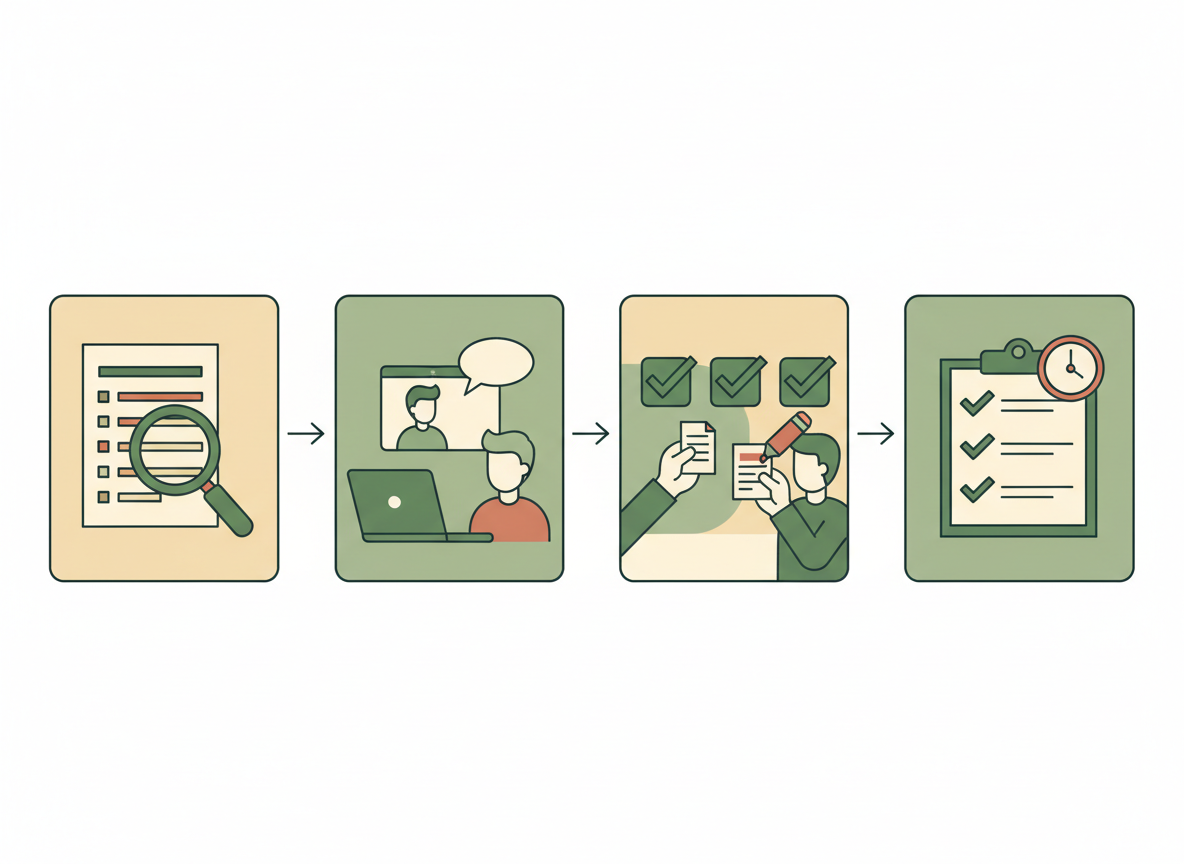 Four-step illustration of reading a job listing, mock interviewing, checking facts in answers, and completing a review checklist.