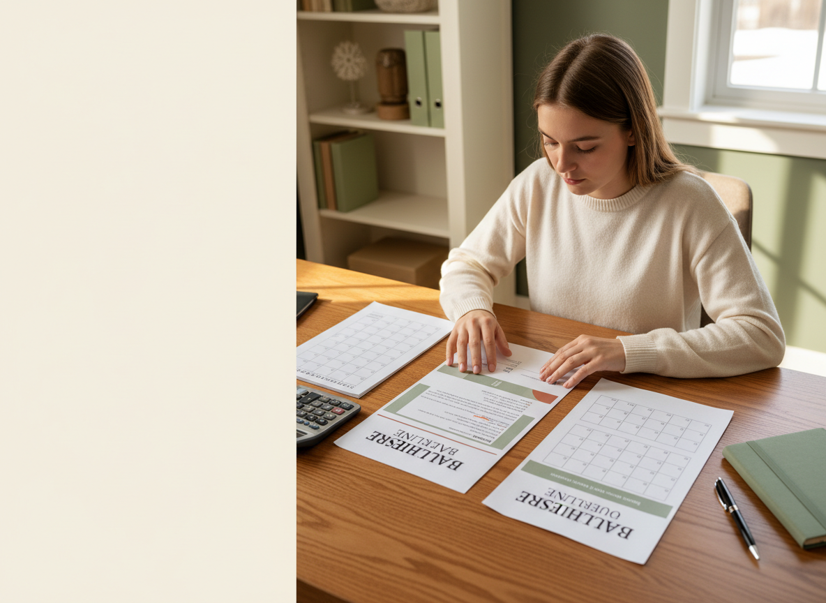 A worker checking anonymous sample offer sheets, benefit notes and a calculator.