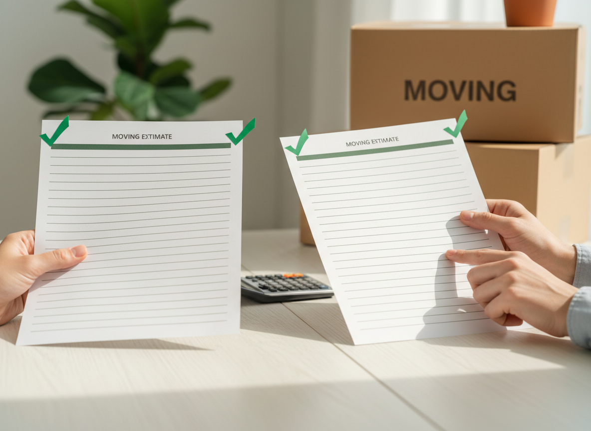 Hands reviewing two written moving estimates with a calculator and blank comparison notes.