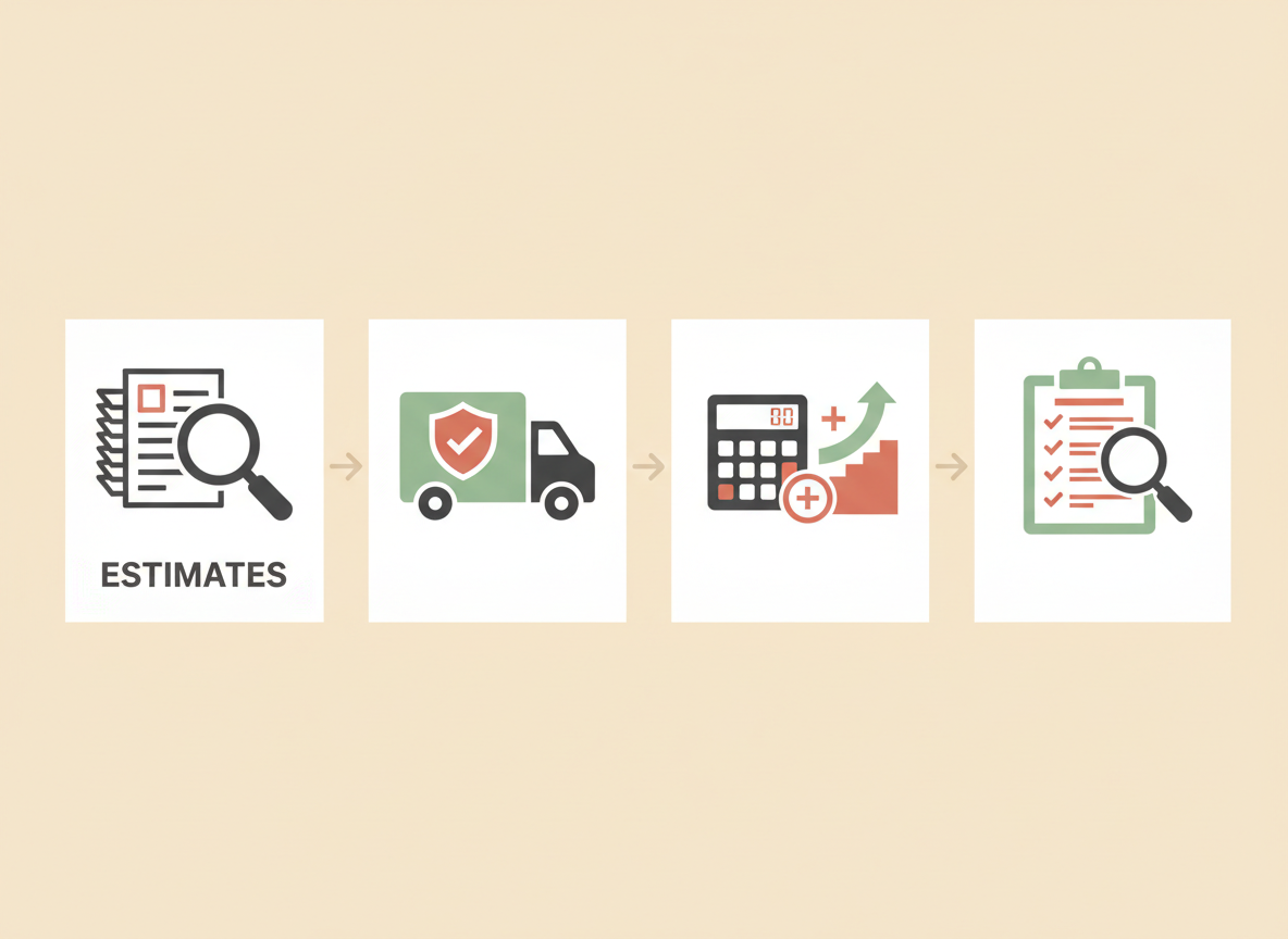 Four-stage moving checklist illustration: written estimate, FMCSA check, fee comparison, and contract review.
