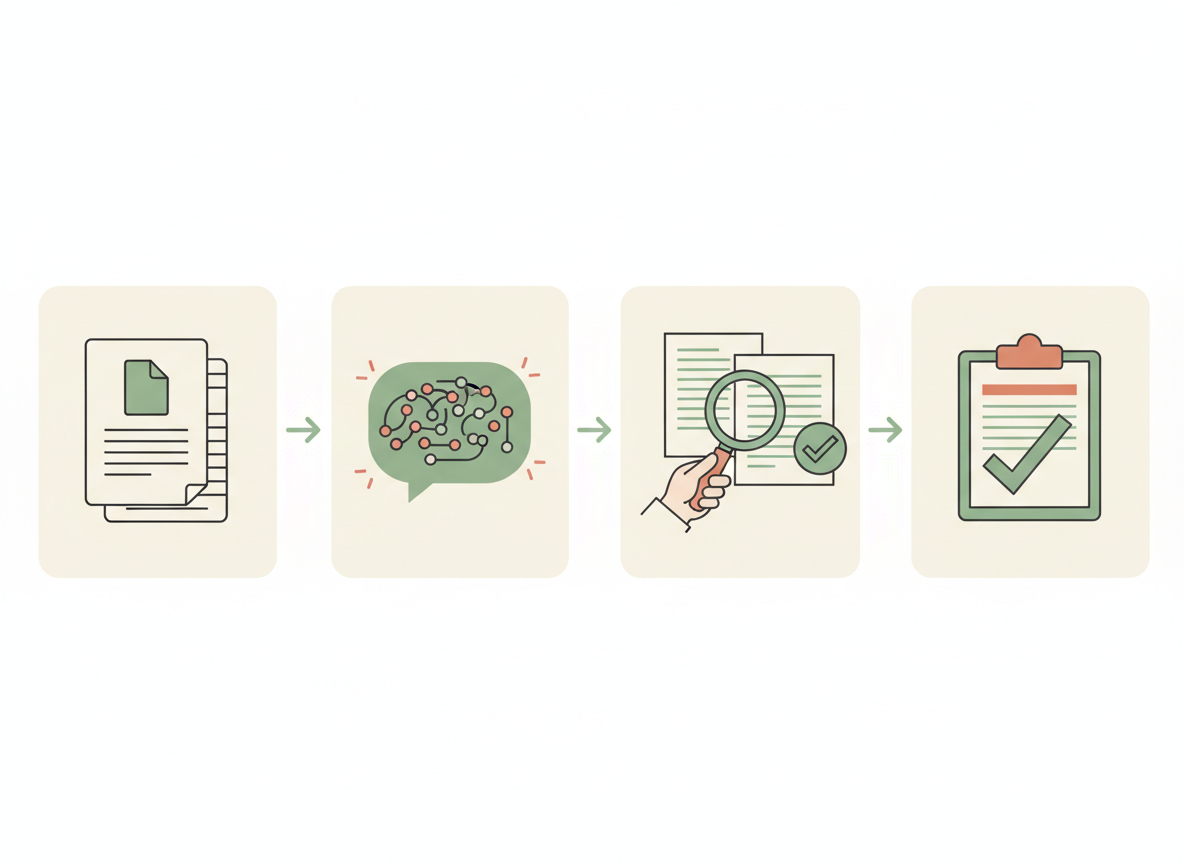 Four visual stages showing an original PDF, an AI-produced draft, a magnifying glass for fact checking, and a final reviewed summary.