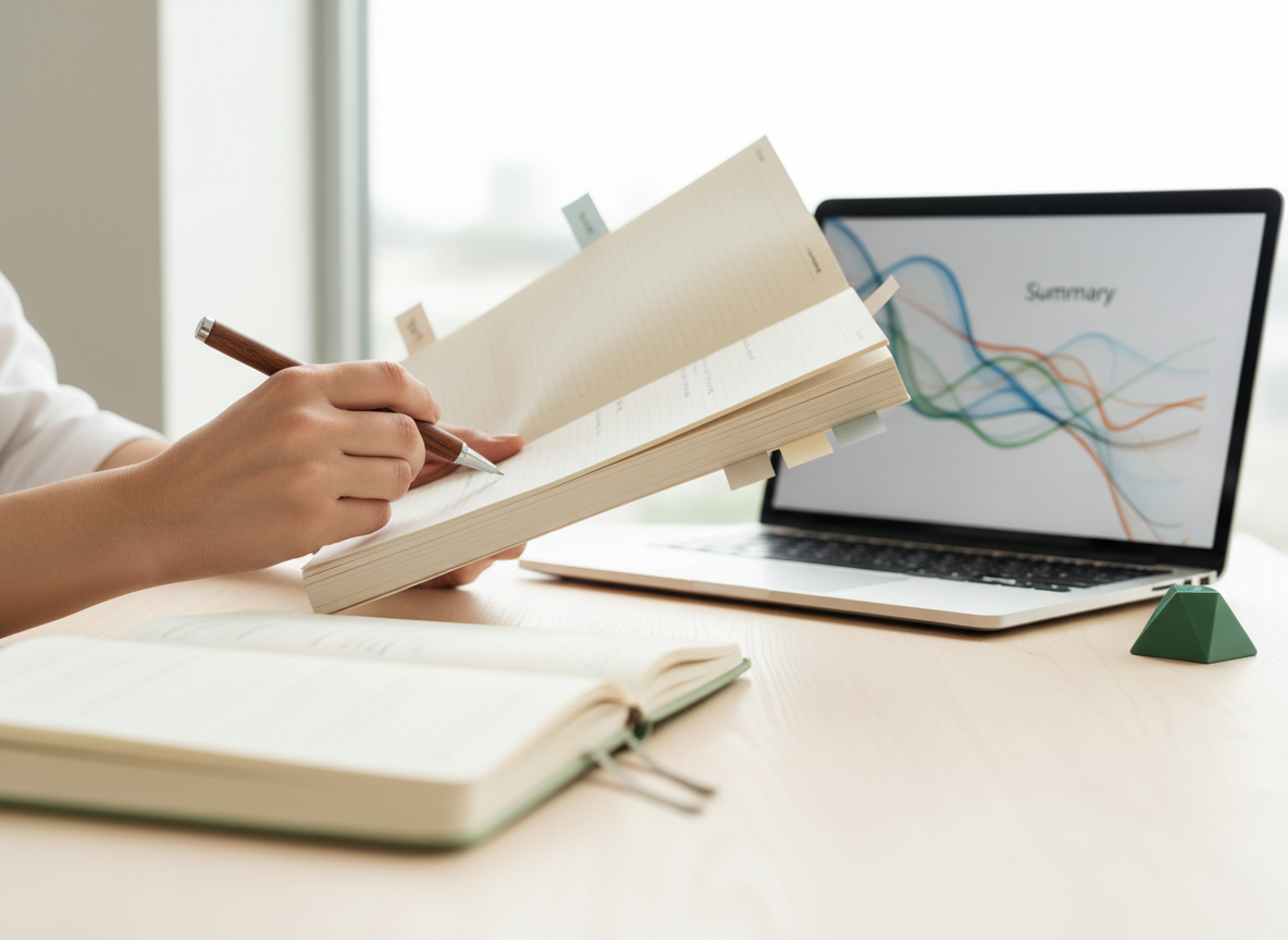 Reader checking highlighted passages in the original PDF while comparing them with an AI-generated summary on a laptop.