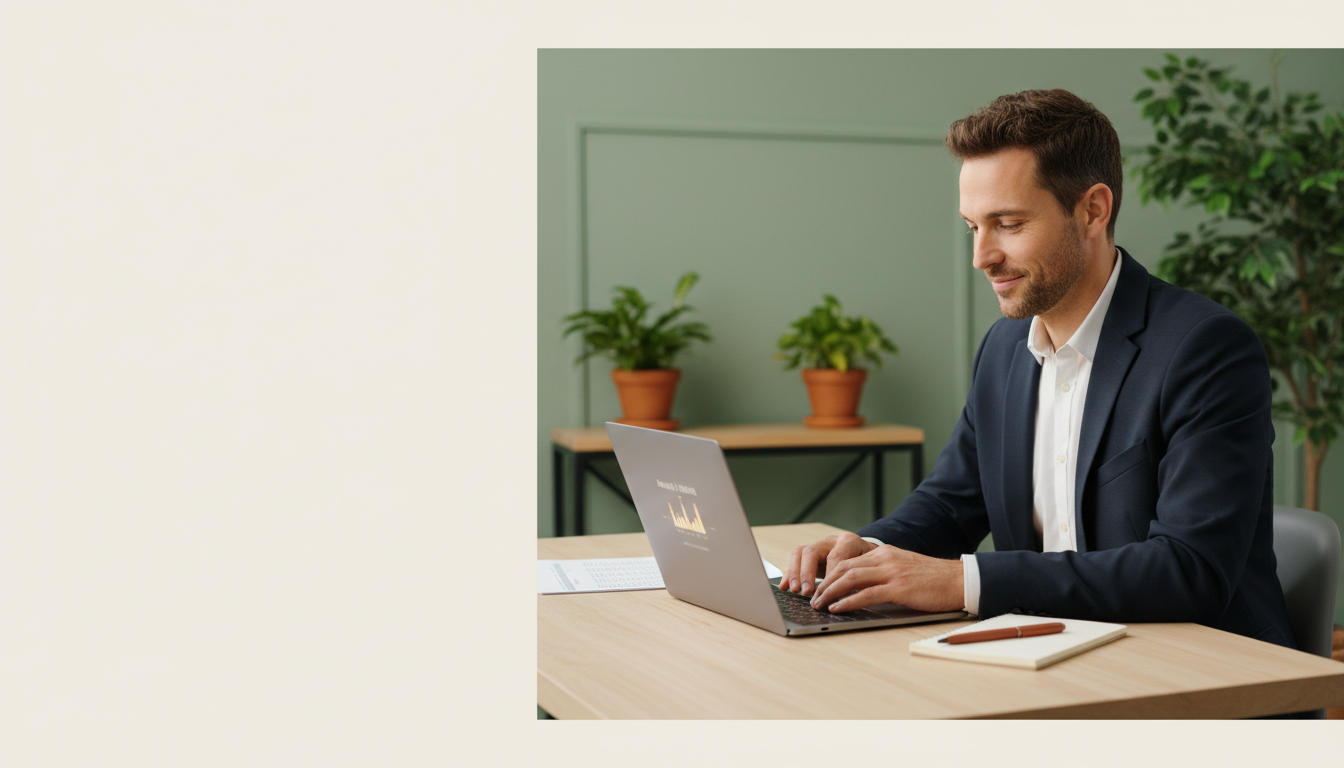 Professional reviewing workplace achievements and goals at a laptop in a light-filled office.