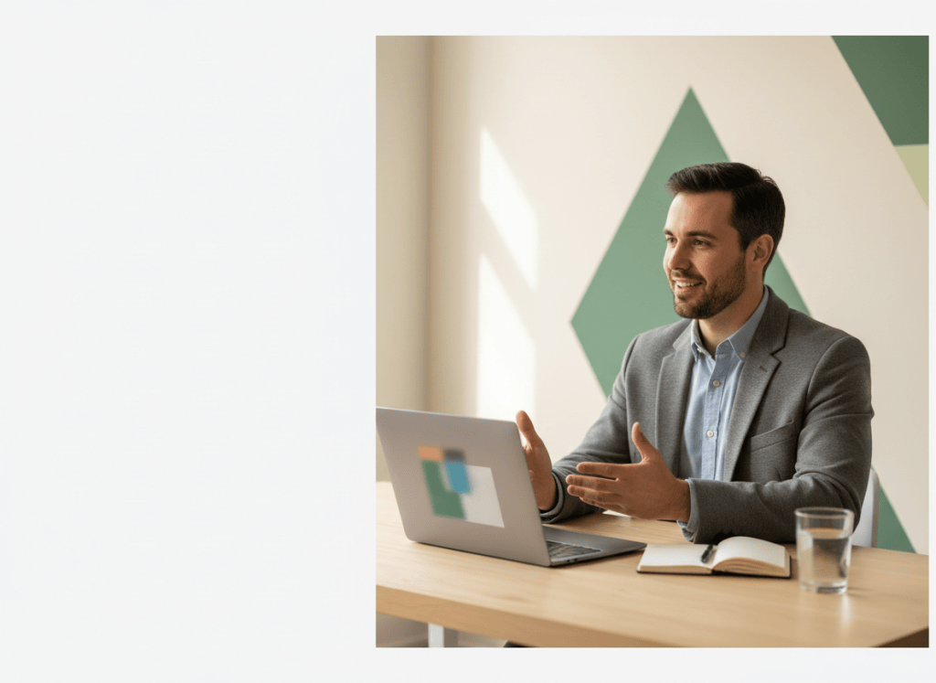 A professional practicing interview answers beside a laptop and notes in a bright uncluttered home workspace.