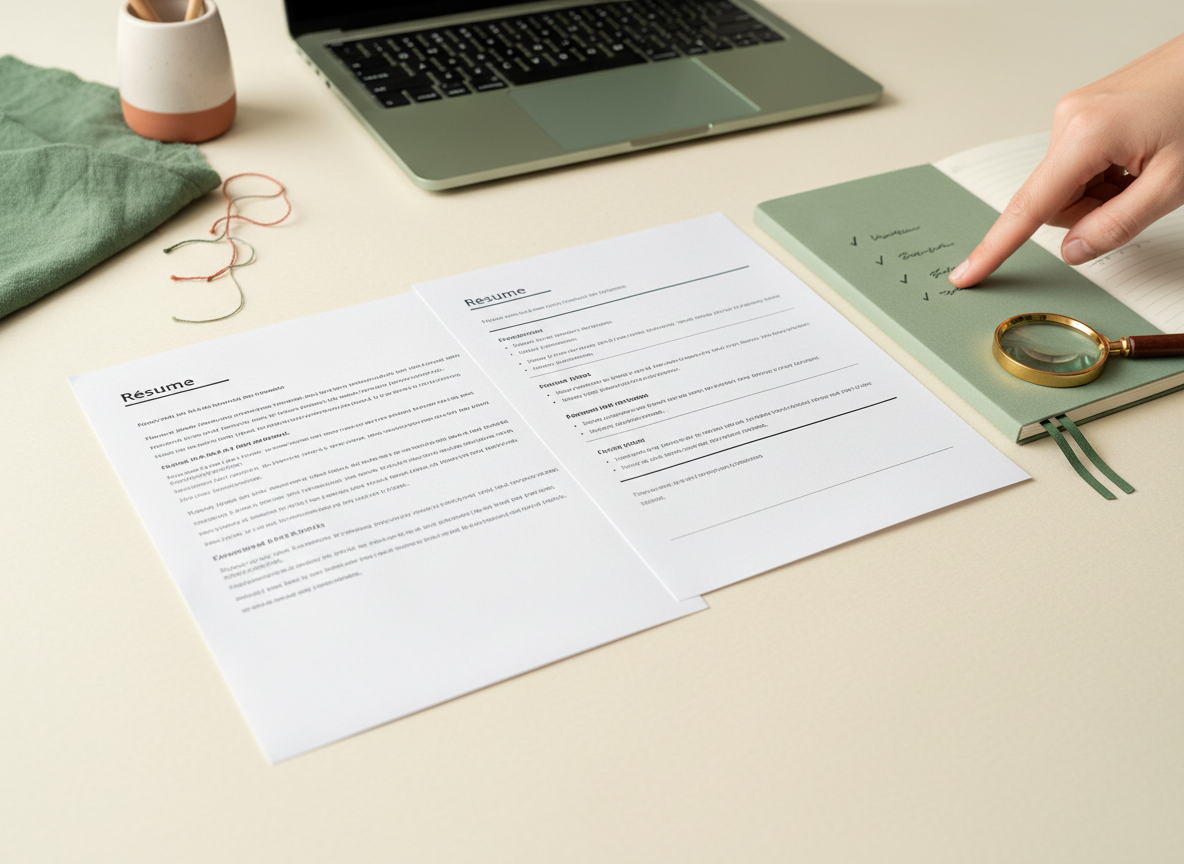 A job seeker comparing original and revised résumé drafts against handwritten notes.