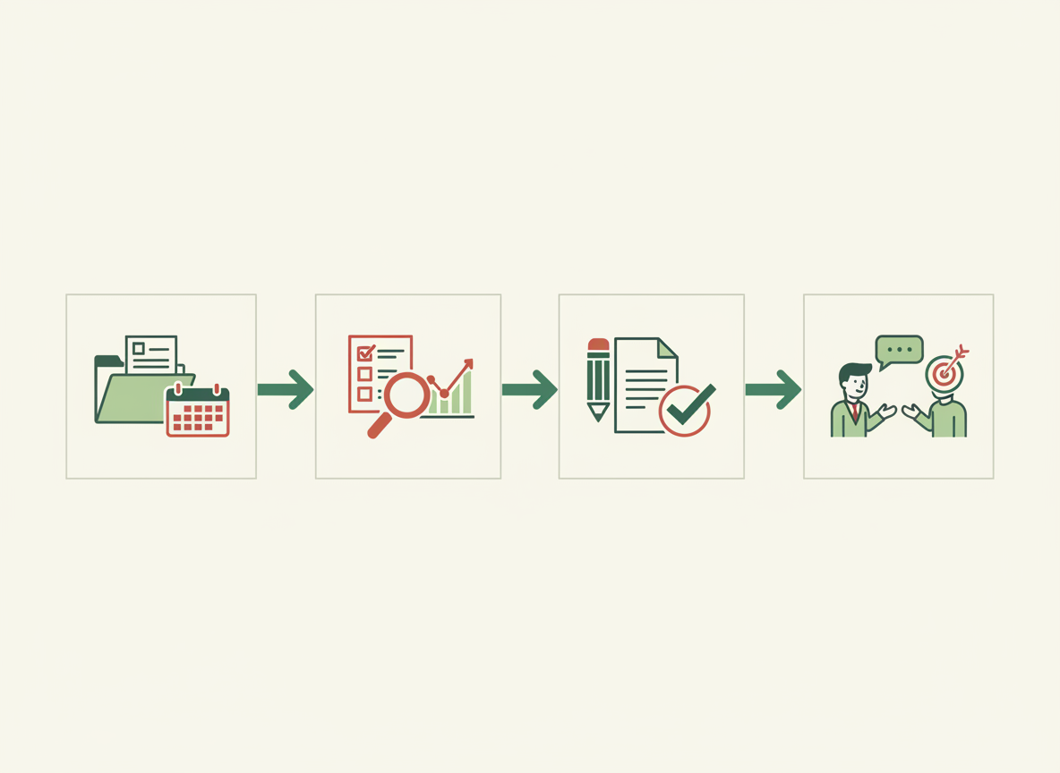 Four illustrated steps for collecting real records, checking the evidence, editing a truthful review, and discussing next goals.