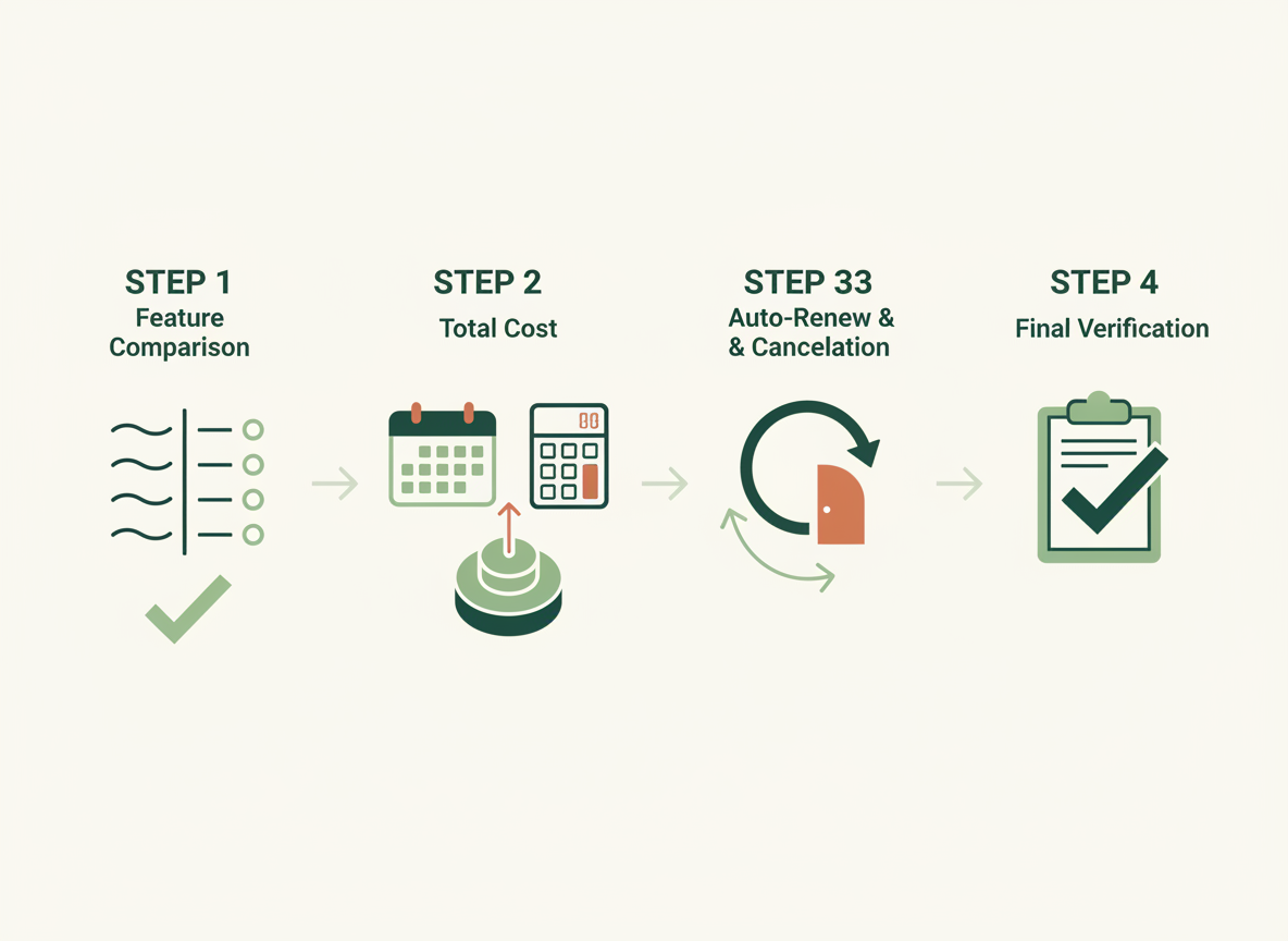 Four illustrated stages for comparing features, checking total cost, reviewing renewal and cancellation, and making an informed decision.