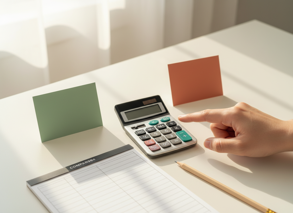 Calculator and two illustrative pricing cards on a desk, showing the importance of comparing the same subscription period.